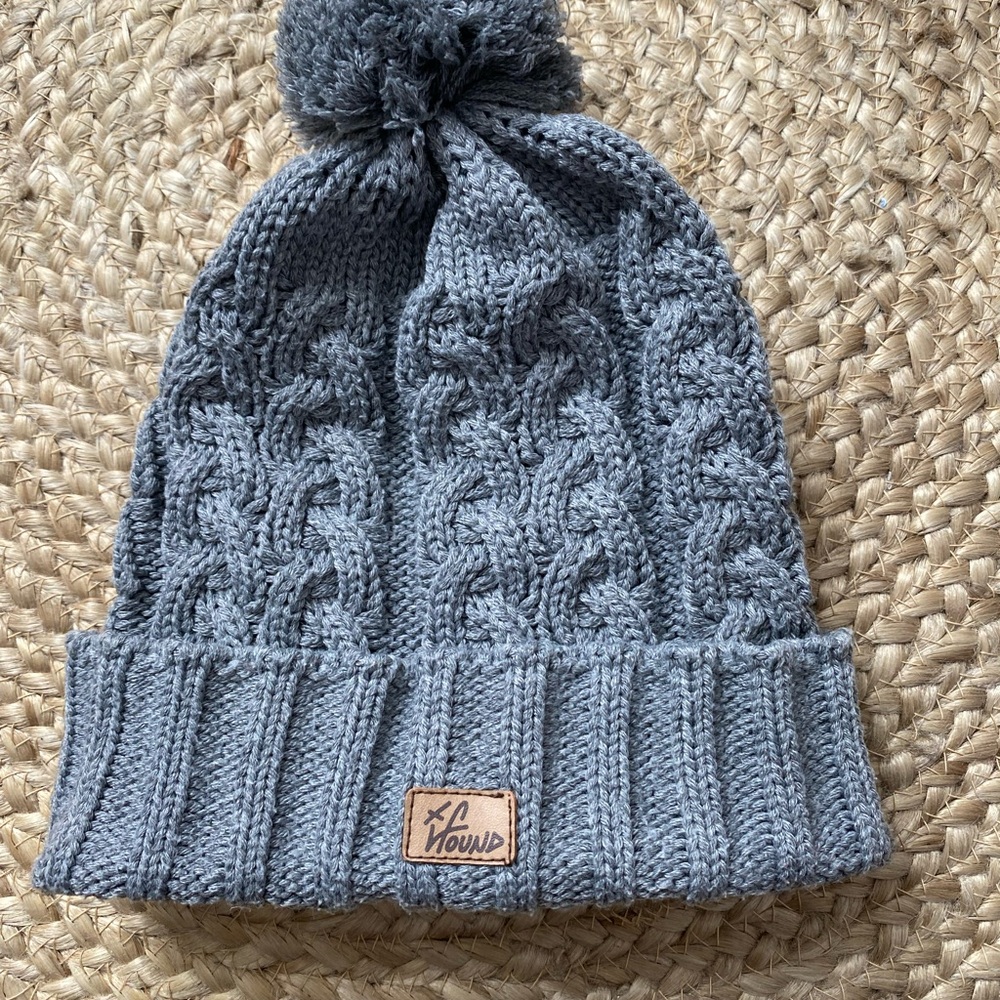 Gray Cable Knit Pom-Pom Beanie Hat